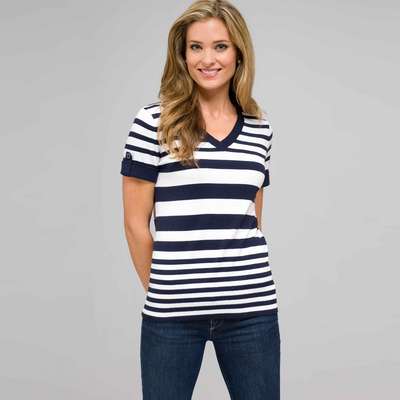 Striped Sleeve V-Neck Roll Cuff Tee