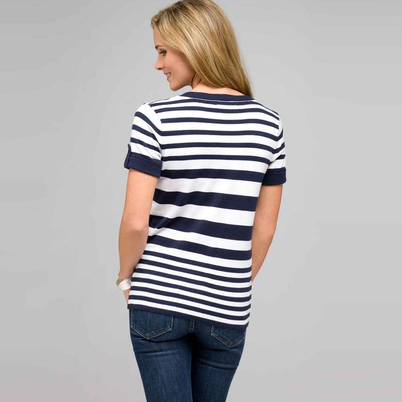 Striped Sleeve V-Neck Roll Cuff Tee, swiss navy & white, large image number 1