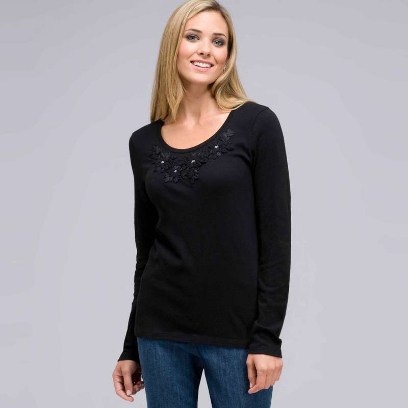 Long Sleeve Appliqued Crew Neck, , large image number 0